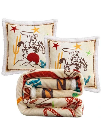 Indigo Hill by HiEnd Accents Retro Rodeo Campfire Sherpa Western Adventure Pillow and Blanket Set