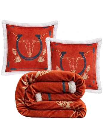 Indigo Hill by HiEnd Accents Marfa Campfire Sherpa Cowboy Horseshoe Accent Pillows and Blanket Set