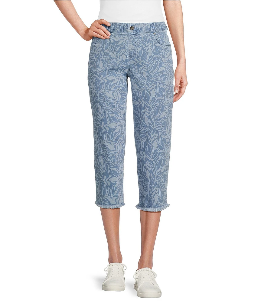 Intro Abstract Leaf Print Frayed Hem Pull-On Capri Denim Pants