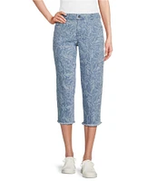 Intro Abstract Leaf Print Frayed Hem Pull-On Capri Denim Pants
