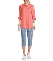 Intro Abstract Leaf Print Frayed Hem Pull-On Capri Denim Pants