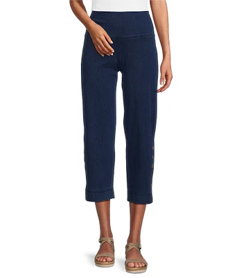 Intro Aimee Knit Denim Tummy Control Button Side Trim Pull-On Capri Pants