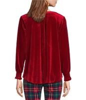 Intro Banded Round Collar Long Smocked Sleeve Pop Over Velvet Blouse