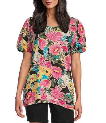Intro Cotton Slub Floral Scoop Neck Short Twist Sleeve Rushed Tee