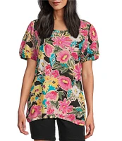 Intro Cotton Slub Floral Scoop Neck Short Twist Sleeve Rushed Tee