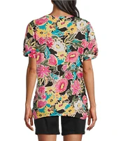 Intro Cotton Slub Floral Scoop Neck Short Twist Sleeve Rushed Tee