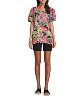 Intro Cotton Slub Floral Scoop Neck Short Twist Sleeve Rushed Tee