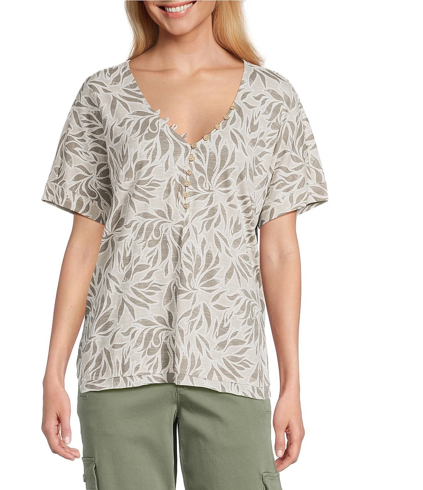 Intro Cotton Slub Jersey Abstract Leaf Print V-Neck Short Sleeve Tee Top