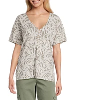 Intro Cotton Slub Jersey Abstract Leaf Print V-Neck Short Sleeve Tee Top