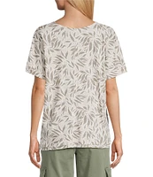 Intro Cotton Slub Jersey Abstract Leaf Print V-Neck Short Sleeve Tee Top