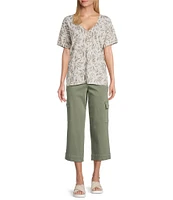 Intro Cotton Slub Jersey Abstract Leaf Print V-Neck Short Sleeve Tee Top