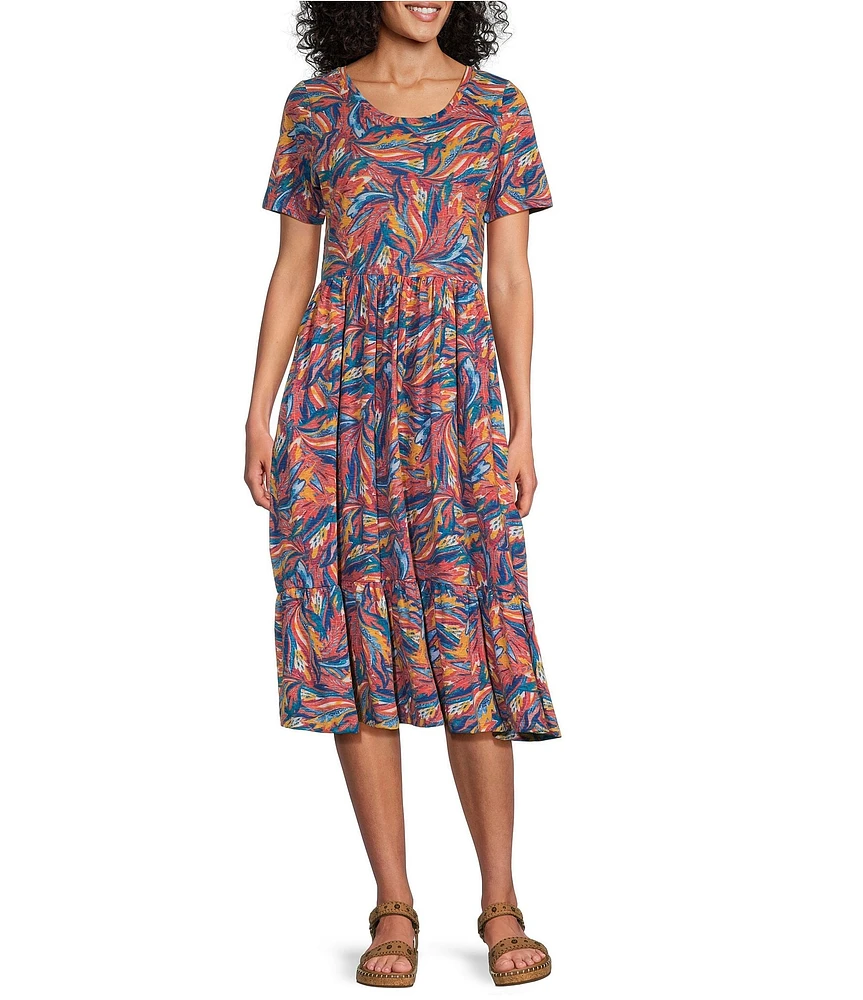Intro Cotton Slub Jersey Printed Scoop Neck Short Sleeve A-Line Tiered Hem Dress