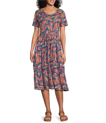 Intro Cotton Slub Jersey Printed Scoop Neck Short Sleeve A-Line Tiered Hem Dress