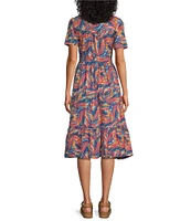 Intro Cotton Slub Jersey Printed Scoop Neck Short Sleeve A-Line Tiered Hem Dress