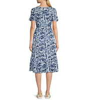 Intro Cotton Slub Jersey Printed Scoop Neck Short Sleeve A-Line Tiered Hem Midi Dress