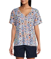 Intro Cotton Slub Jersey Tile Print V-Neck Short Sleeve Tee