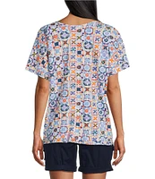 Intro Cotton Slub Jersey Tile Print V-Neck Short Sleeve Tee