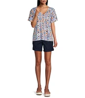 Intro Cotton Slub Jersey Tile Print V-Neck Short Sleeve Tee