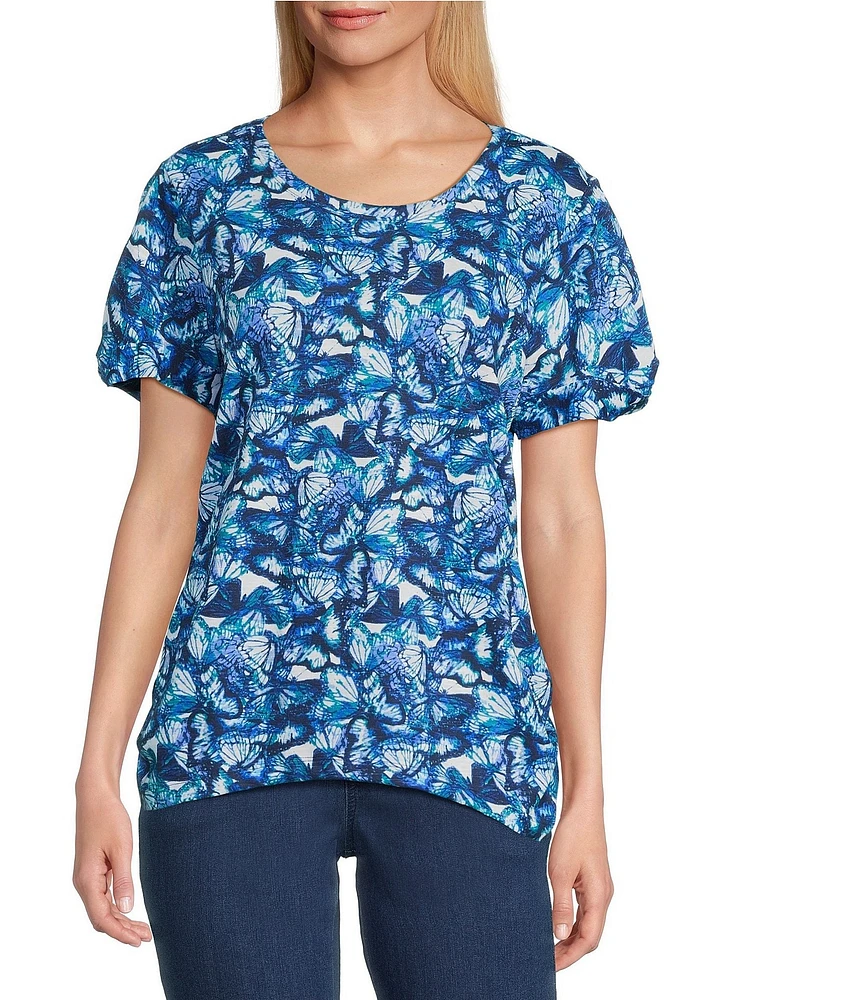 Intro Cotton Slub Printed Scoop Neck Short Twist Sleeve Rushed Tee