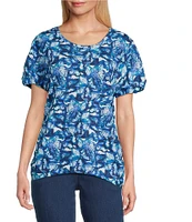 Intro Cotton Slub Printed Scoop Neck Short Twist Sleeve Rushed Tee