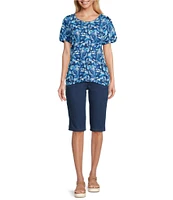 Intro Cotton Slub Printed Scoop Neck Short Twist Sleeve Rushed Tee