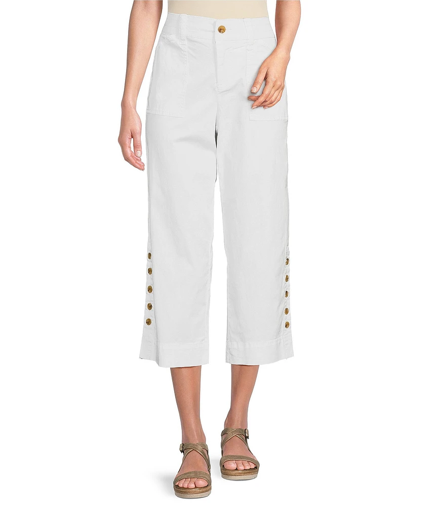 Intro Cotton Tencel™ Wide Leg Side Button Trim Detail Crop Pants
