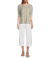 Intro Cotton Tencel™ Wide Leg Side Button Trim Detail Crop Pants
