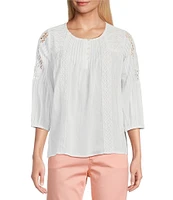 Intro Cotton Voile Crew Neck 3/4 Sleeve Lace Trim Peasant Blouse