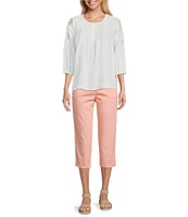 Intro Cotton Voile Crew Neck 3/4 Sleeve Lace Trim Peasant Blouse