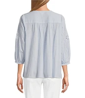 Intro Cotton Voile Crew Neck 3/4 Sleeve Lace Trim Peasant Blouse