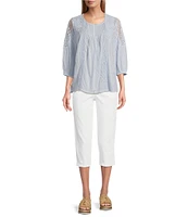 Intro Cotton Voile Crew Neck 3/4 Sleeve Lace Trim Peasant Blouse