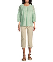 Intro Cotton Voile Crew Neck 3/4 Sleeve Lace Trim Peasant Blouse