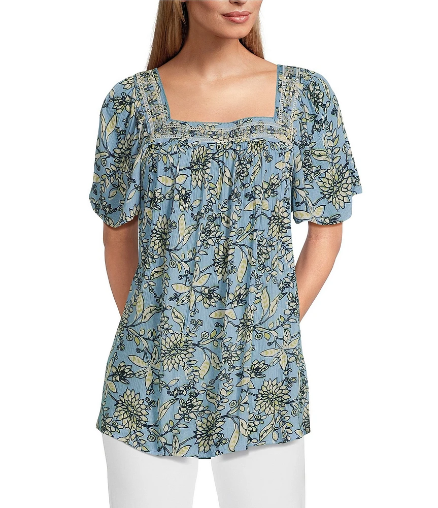 Intro Crinkle Gauze Embroidered Printed Square Neck Short Flutter Sleeve Top