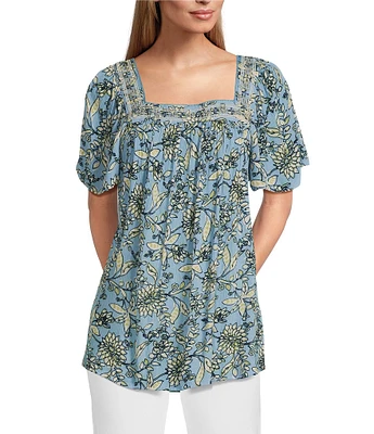 Intro Crinkle Gauze Embroidered Printed Square Neck Short Flutter Sleeve Top