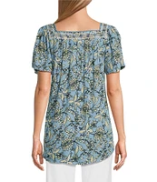 Intro Crinkle Gauze Embroidered Printed Square Neck Short Flutter Sleeve Top