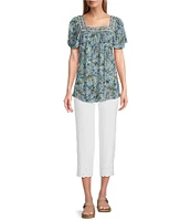 Intro Crinkle Gauze Embroidered Printed Square Neck Short Flutter Sleeve Top