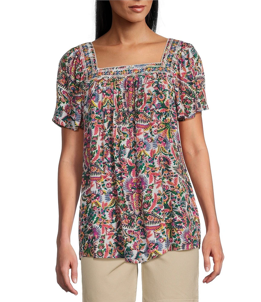 Intro Crinkle Gauze Floral Embroidered Printed Square Neck Short Flutter Sleeve Top