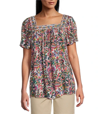 Intro Crinkle Gauze Floral Embroidered Printed Square Neck Short Flutter Sleeve Top