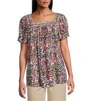 Intro Crinkle Gauze Floral Embroidered Printed Square Neck Short Flutter Sleeve Top