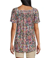 Intro Crinkle Gauze Floral Embroidered Printed Square Neck Short Flutter Sleeve Top
