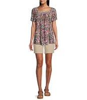 Intro Crinkle Gauze Floral Embroidered Printed Square Neck Short Flutter Sleeve Top