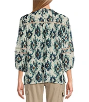 Intro Crinkle Gauze Ikat Print Split V-Neck 3/4 Sleeve Lace Inset Pleated Peasant Top