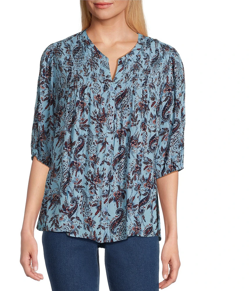 Intro Crinkle Gauze Paisley Print Crew Neck Elbow Sleeve Smocked Detail Button Front Blouse