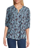 Intro Crinkle Gauze Paisley Print Crew Neck Elbow Sleeve Smocked Detail Button Front Blouse