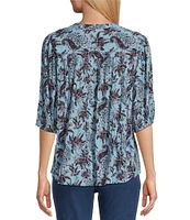 Intro Crinkle Gauze Paisley Print Crew Neck Elbow Sleeve Smocked Detail Button Front Blouse