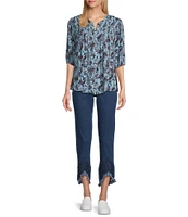 Intro Crinkle Gauze Paisley Print Crew Neck Elbow Sleeve Smocked Detail Button Front Blouse