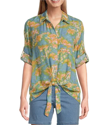 Intro Crinkle Gauze Printed Point Collar 3/4 Roll-Tab Sleeve Tie Front Hem Button Front Shirt