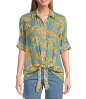 Intro Crinkle Gauze Printed Point Collar 3/4 Roll-Tab Sleeve Tie Front Hem Button Front Shirt