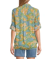 Intro Crinkle Gauze Printed Point Collar 3/4 Roll-Tab Sleeve Tie Front Hem Button Front Shirt