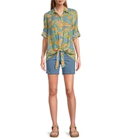 Intro Crinkle Gauze Printed Point Collar 3/4 Roll-Tab Sleeve Tie Front Hem Button Front Shirt